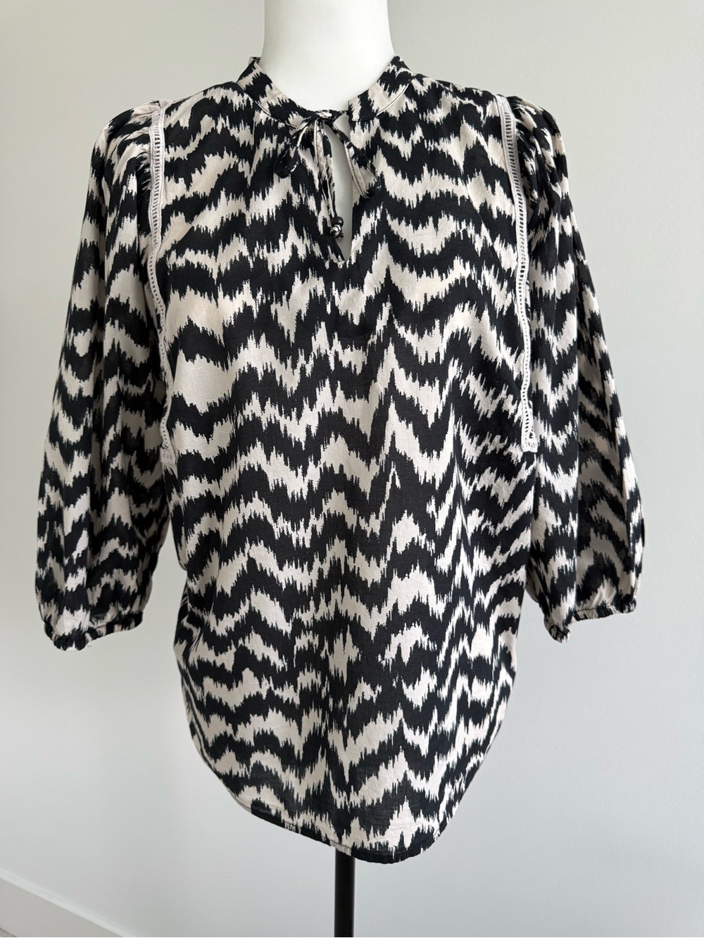 OLSEN Tie-Neck Black and White Printed Blouse